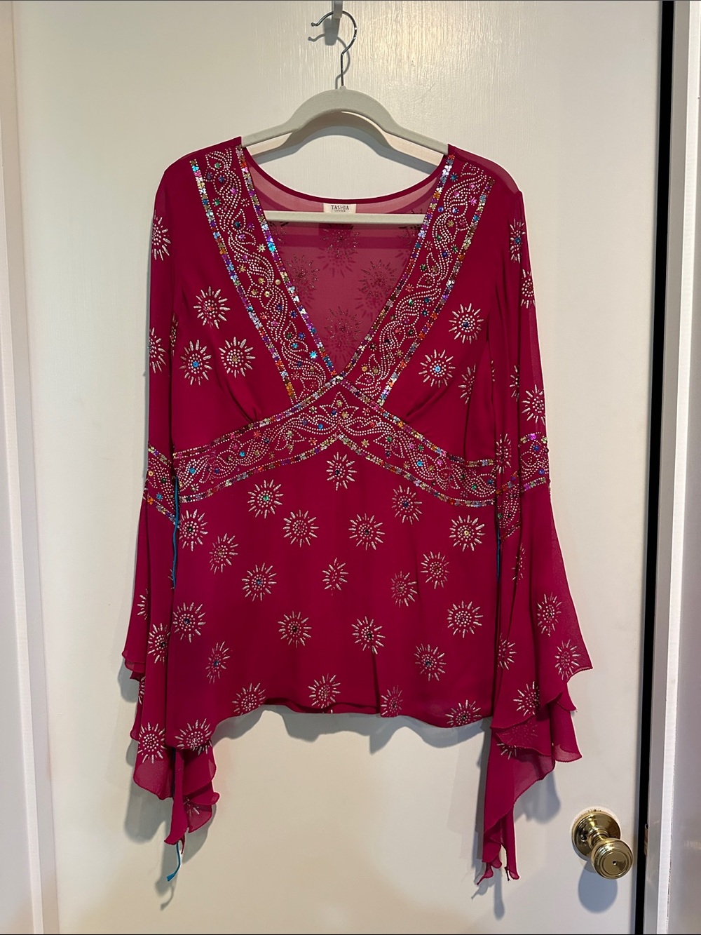 Tashia London Magenta Embellished V-Neck Blouse